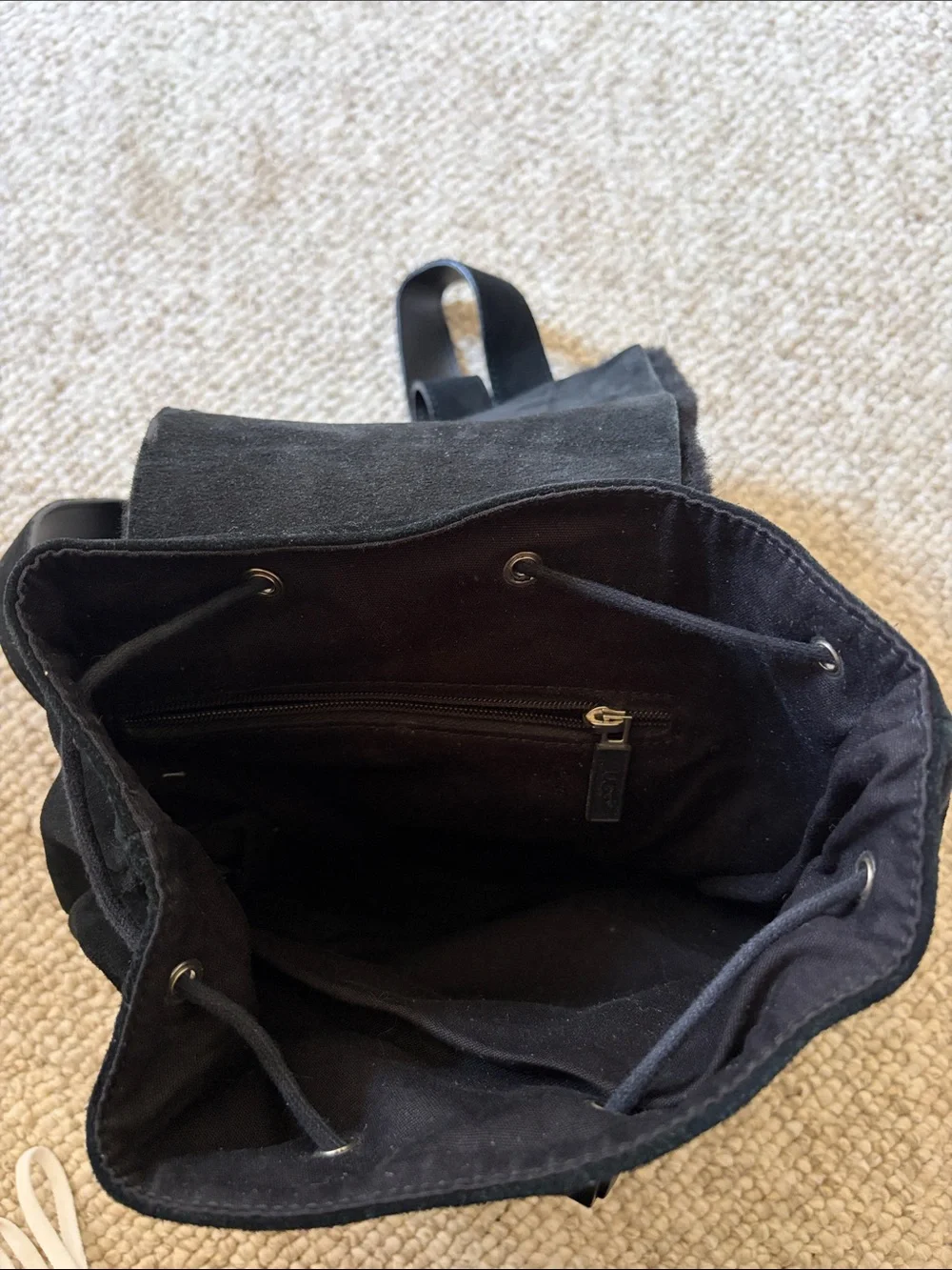 UGG Black Suede Backpack with Black Shearling Flap